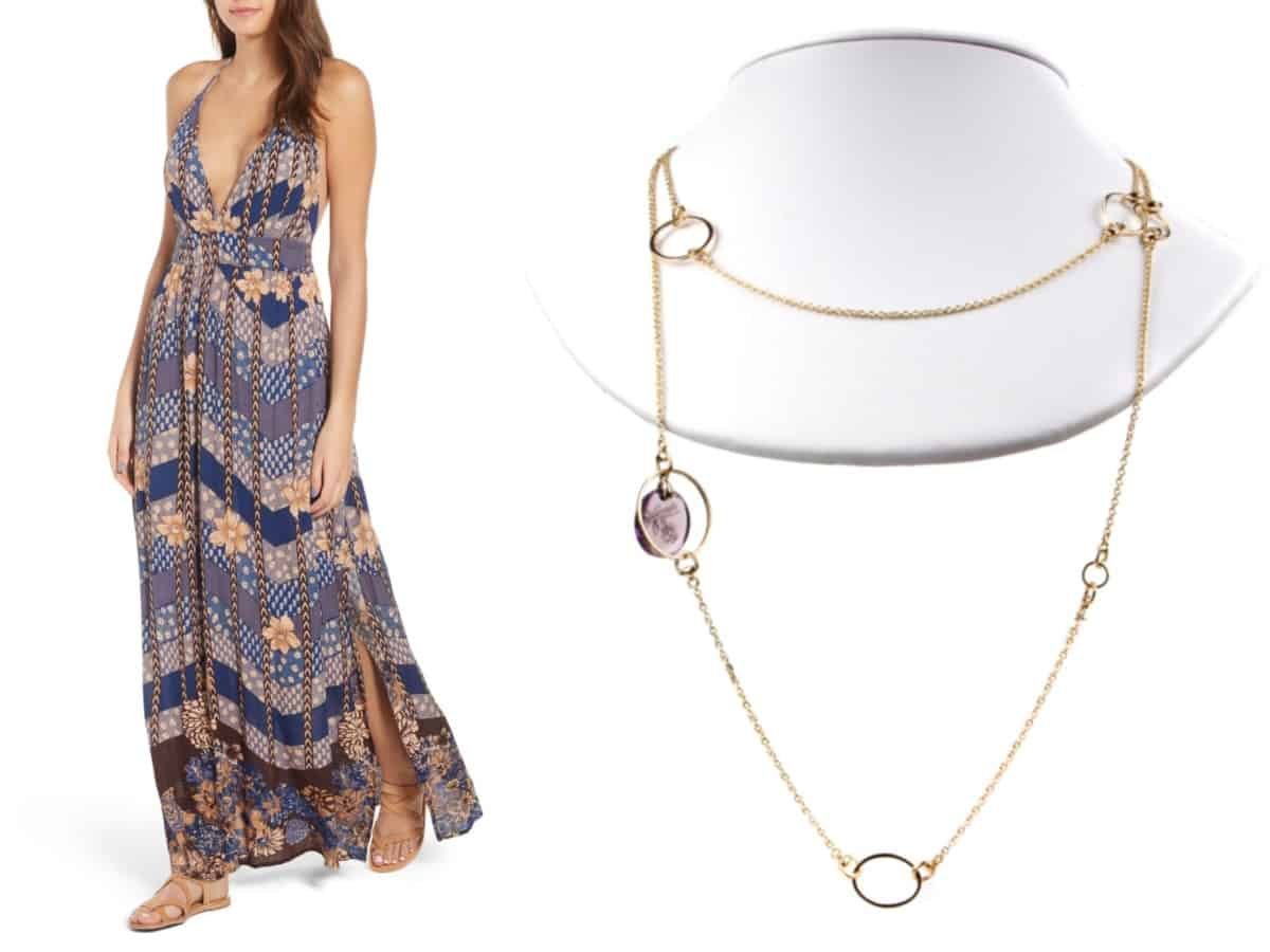 "5 Must-Have Dresses Every Woman Needs in their Closet"  O’Neil Annalisa Halter Maxi Dress // Nordstrom  Gucci Flora Amethyst Drop Necklace // Opulent Jewelers
